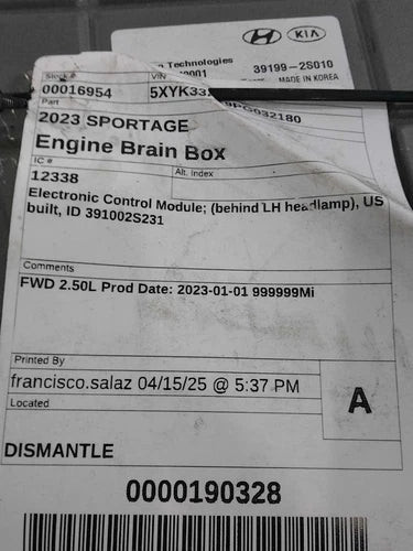 Kia Sportage ECM Engine Control Module 2023 OEM Used 391002S231 31K Miles used OEM engine control module