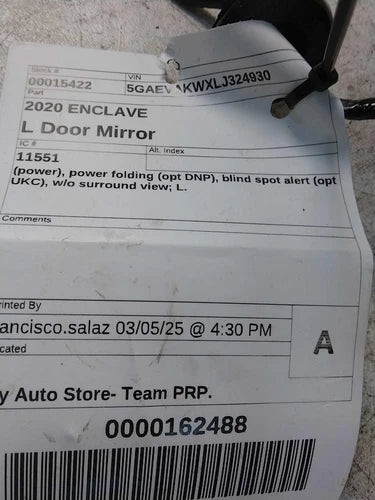 2020 Buick Enclave power power folding opt DNP blind Used OEM door mirror used OEM door mirror