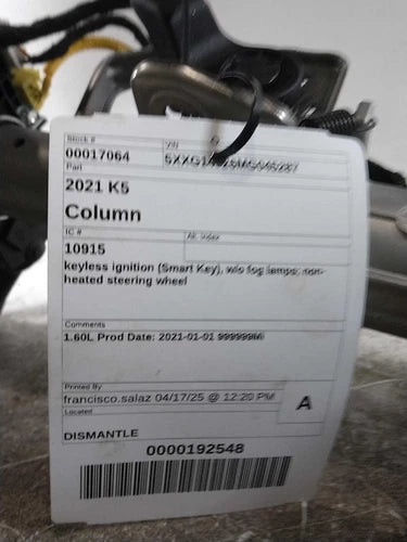 2021 Kia K5 keyless ignition Smart Key w/o fog lamps Used OEM steering column used OEM steering column
