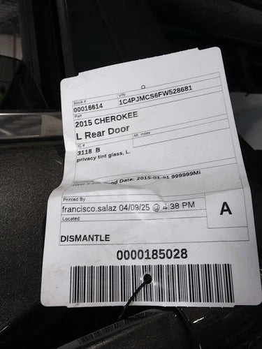 2015 Jeep Cherokee Left Driver Side Grey Door OEM Used 4WD 102K Miles used OEM complete door assembly
