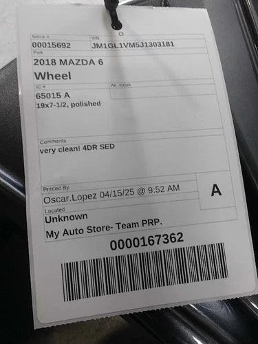 2018 Mazda 6 OEM Black 19x7.5 Polished Wheel Used Good Condition used OEM wheel