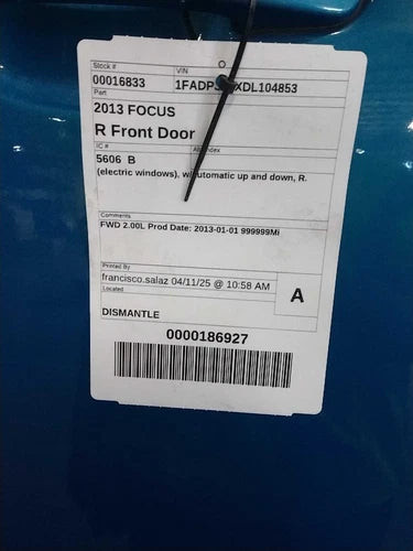 2013 Ford Focus Right Front Door Blue OEM Used 6-Month Warranty used OEM complete door assembly