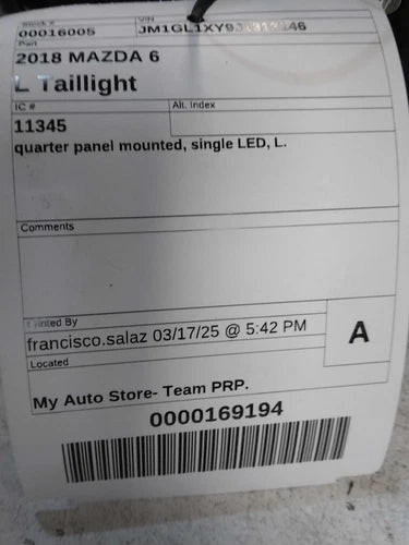 2018 Mazda 6 Left Brown OEM Tail Light Assembly Used Tested Good Condition used OEM tail light