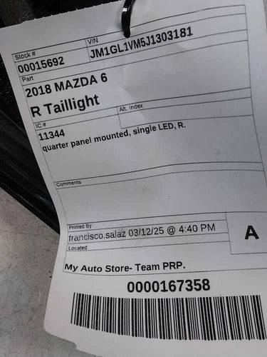 2018 Mazda 6 R Tail Light Assembly OEM Used Black Right Tested OEM used OEM tail light