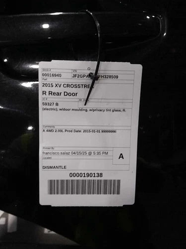 2015 Subaru XV Crosstrek Rear Right Black OEM Door Used Salvage used OEM complete door assembly