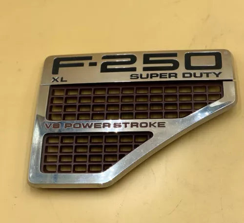 Ford F-250 Super Duty Power Stroke Right Fender Emblem Badge Vents Chrome 08-10 used OEM fender