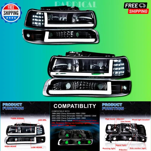 LED DRL Headlight Assembly, Compatible with 1999-2002 Chevy Silverado / 2000-200 used OEM headlight