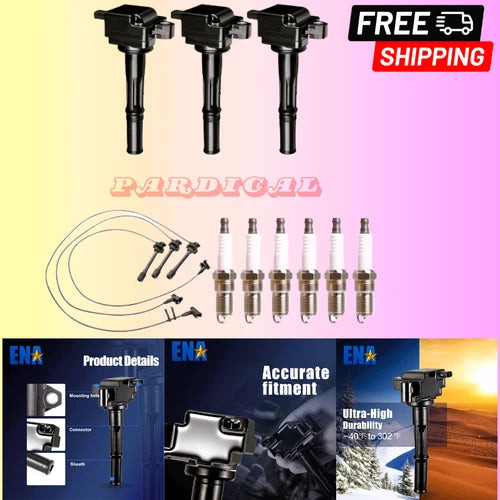 Set of 3 Ignition Coil Pack with 6 Platinum Spark Plug and Wire Set Compatible w used OEM climate control