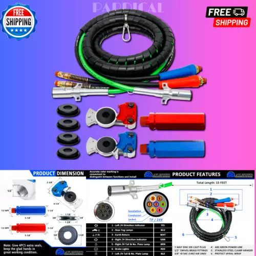 Semi Air Lines Kit 15FT 3-In-1 Airline Hose for Truck ABS 7 Way Electrical Cable used OEM used OEM auto part