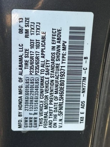 2014-2017 Honda Odyssey Passenger Roof Curtain Used OEM Airbag