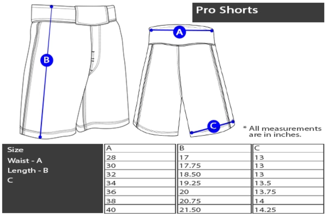 Cage Fighter Shorts Size Chart