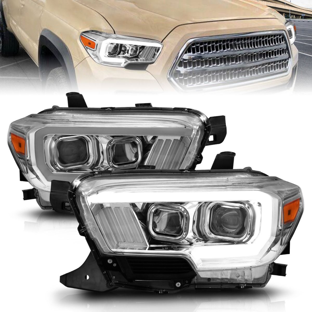 ANZO 2016-2023 Toyota Tacoma | (For Halogen DRL) | Projector LED Plank Style Headlights | Chrome Housing | Clear Lens - 111378