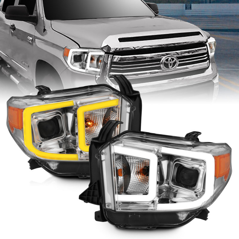 ANZO 2014-2021 Toyota Tundra | (For Halogen Model w/ Halogen DRL) | Projector LED Switchback Plank Style Headlights | Chrome Housing | Clear Lens - 111415