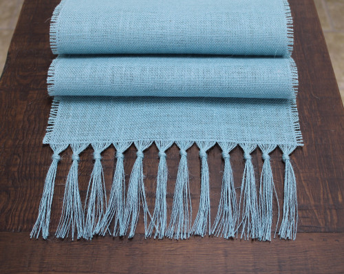 SKY BLUE Burlap Table Runner with 5 Inch Knotted Fringe
