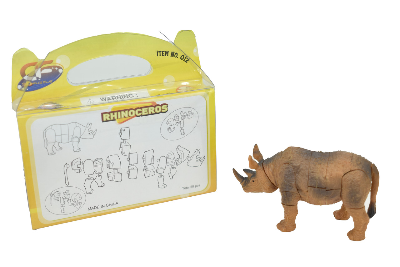 Rhino, Rhinoceros, 3D Interlocking Puzzle, Plastic Toy Animal, Kids Gift, Realistic Figure, Educational Model, Replica, Gift,      3"       F3029 B331