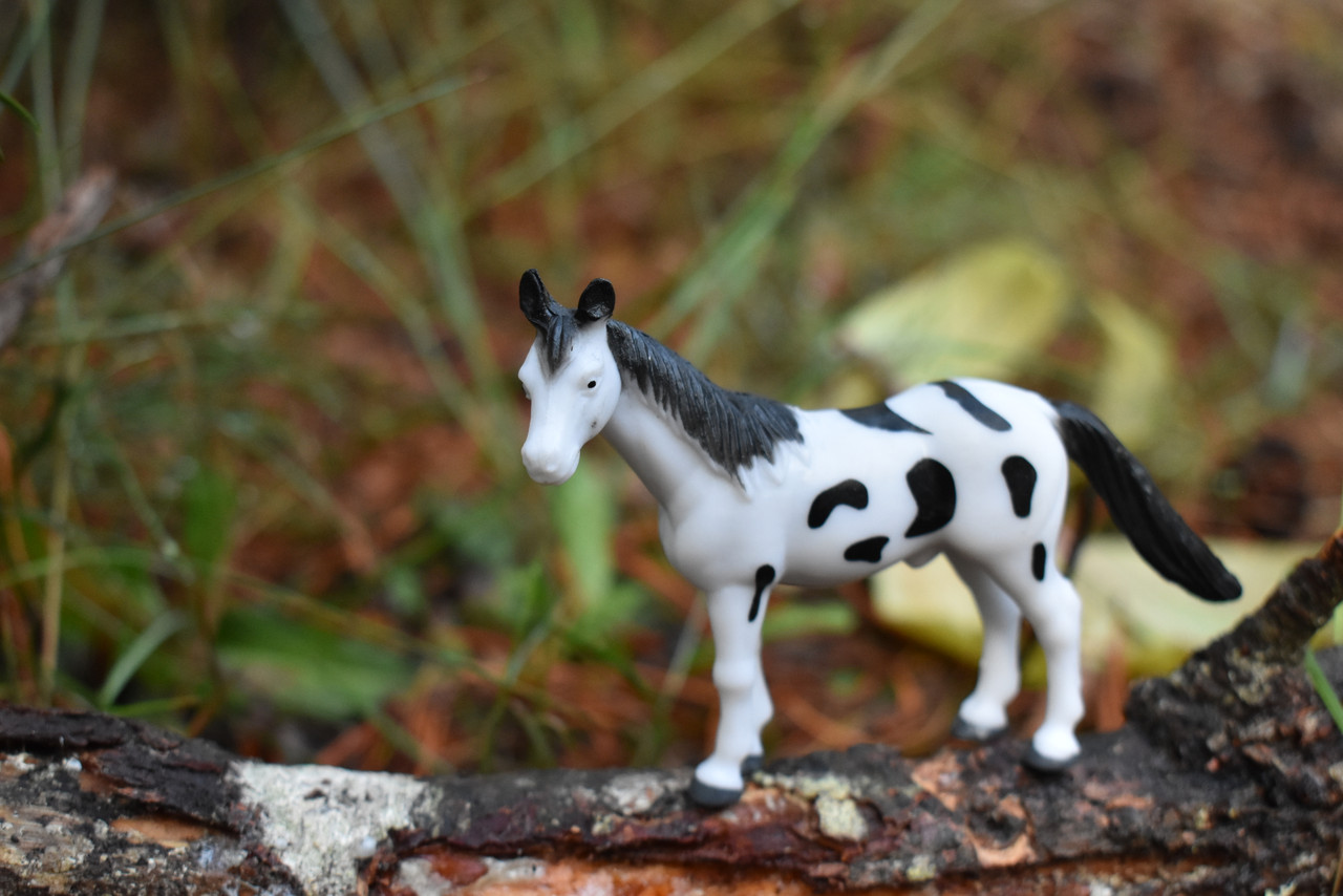 Horse, White & Black Spots Plastic Toy Animal, Realistic Figure, Farm Model, Barnyard Replica, Kids Educational Gift 3 1/2" F4424 B121