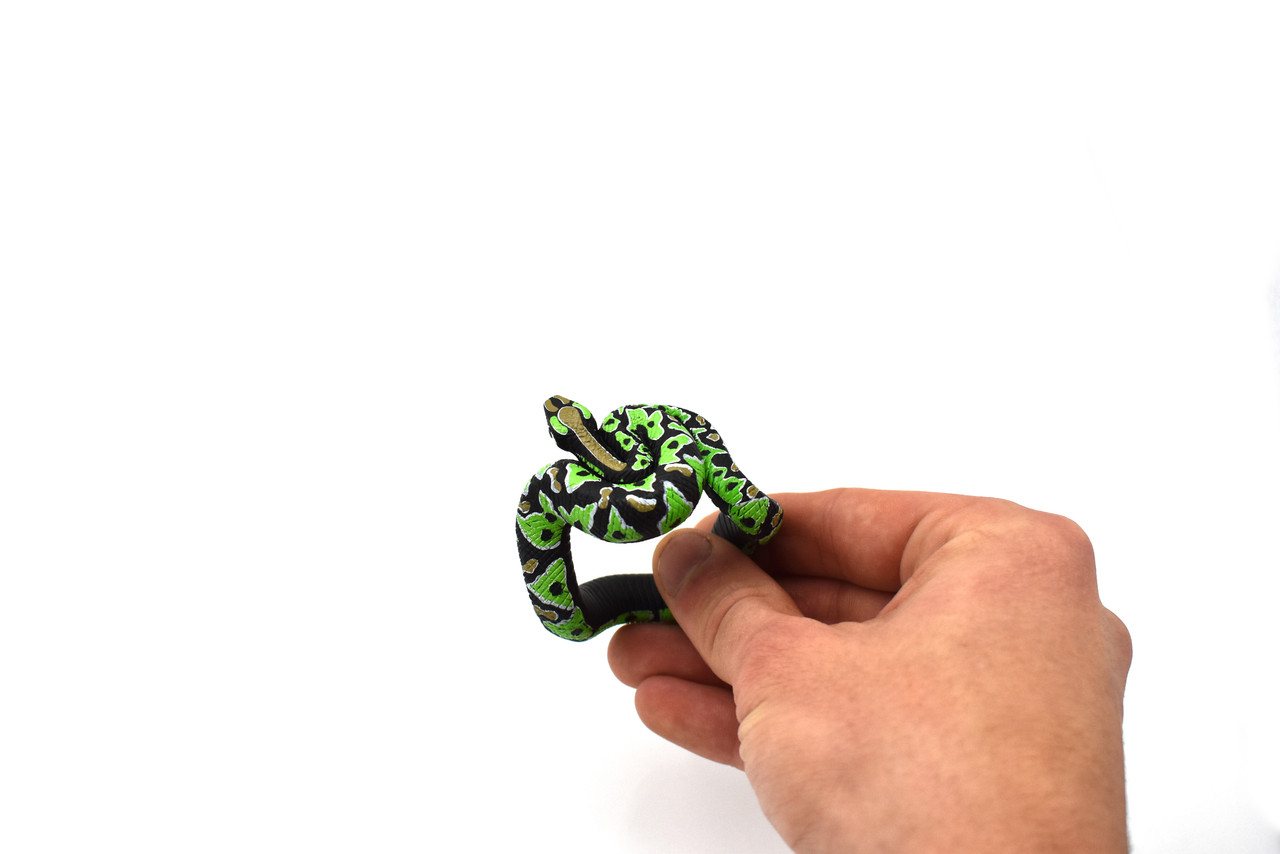 Snake, Bracelet, Emerald Boa, Coiled, Rubber Reptile, Educational, Realistic Hand Painted, Figure, Lifelike Model, Figurine, Replica,     2 1/2 Inches.