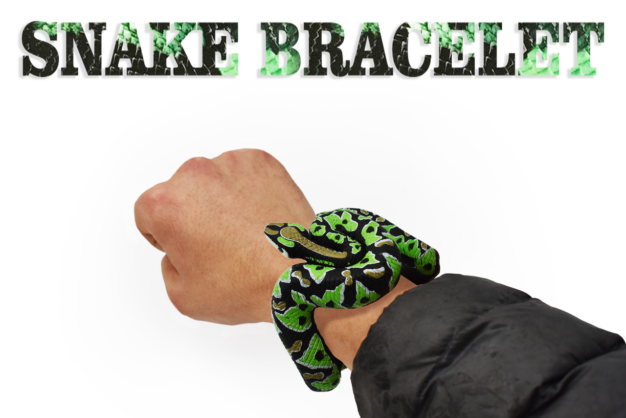 Snake, Bracelet, Emerald Boa, Coiled, Rubber Reptile, Educational, Realistic Hand Painted, Figure, Lifelike Model, Figurine, Replica,     2 1/2 Inches.