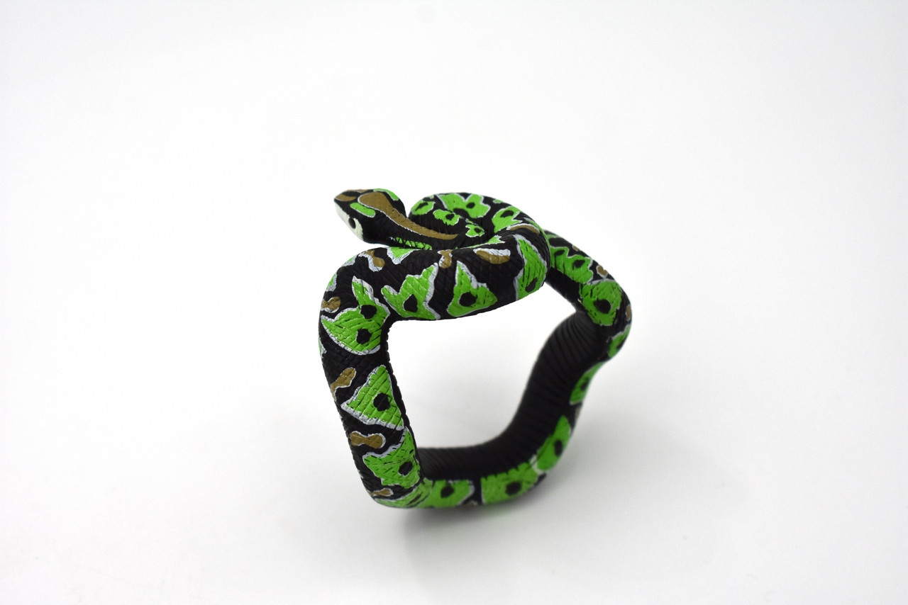 Snake, Bracelet, Emerald Boa, Coiled, Rubber Reptile, Educational, Realistic Hand Painted, Figure, Lifelike Model, Figurine, Replica,     2 1/2 Inches.