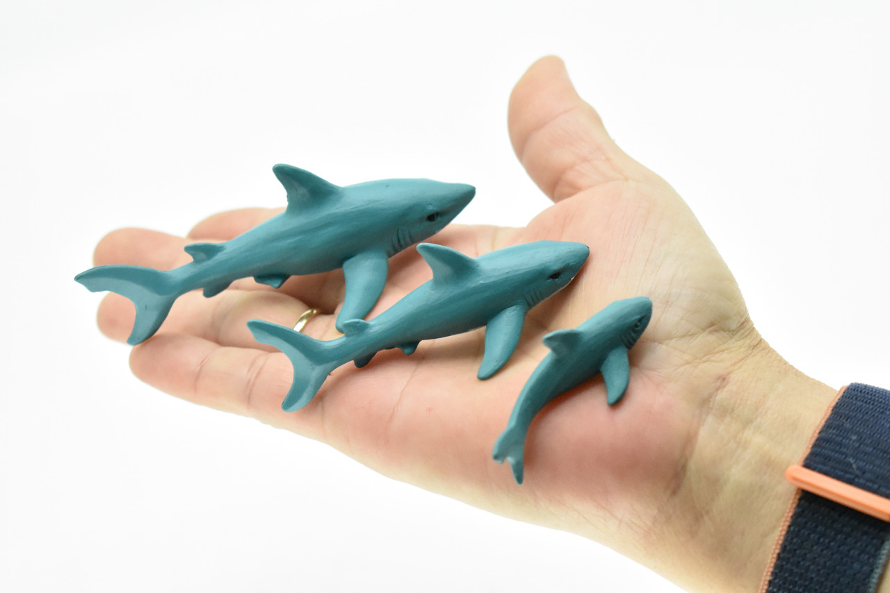 Great white Shark, Set of Three, Very Nice Rubber Design, Educational, Realistic Figure, Lifelike, Replica, Toy, Kids, Gift,   4 Inches.