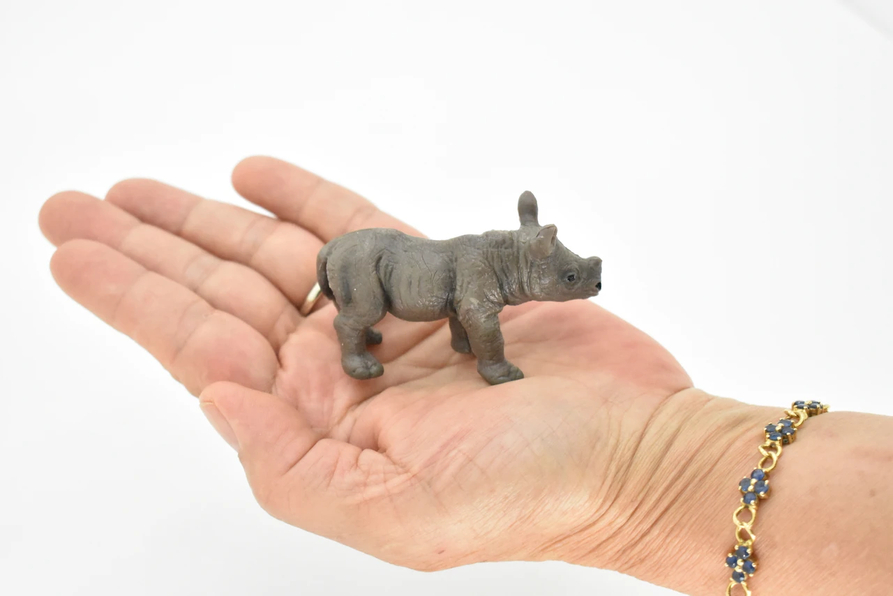Rhino, Baby Rhinoceros, Museum Quality, Hand Painted, Educational, Rubber Animal, Realistic Toy Figure, Diorama Model, Kids,  3 Inches. 