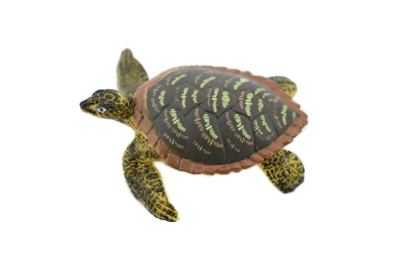 Hawksbill Sea Turtle, Rubber Reptile, Hand Painted, Museum Quality, Educational, Realistic Toy Figure, Diorama Model, Kids,  2 1/2 Inches. 