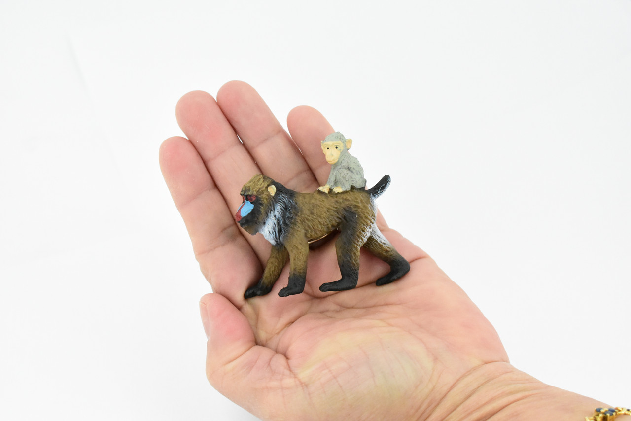 Mandrill With Baby, Baboons, Museum Quality, Hand Painted, Rubber Animal, Realistic Toy Figure, Diorama Model, Kids, Educational,   2 1/2 Inches.