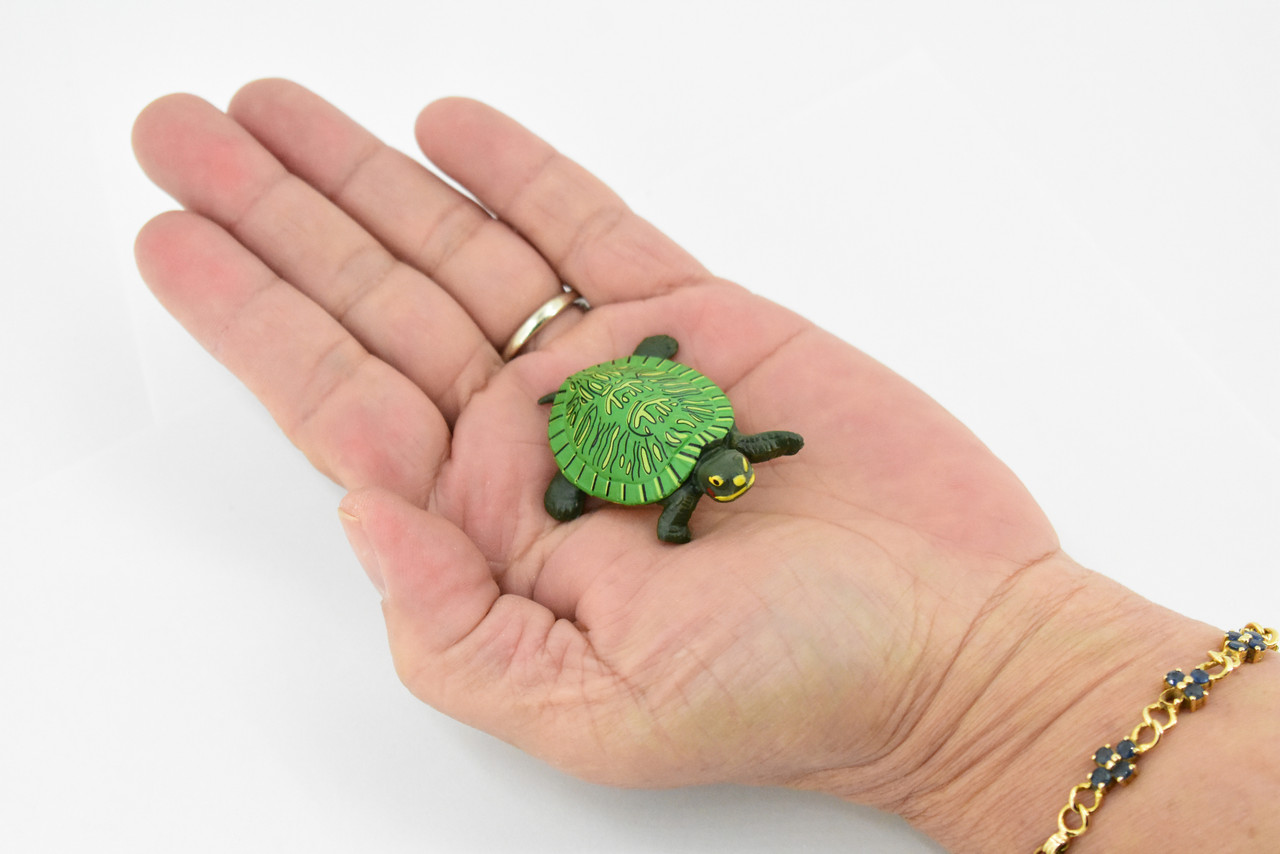 Turtle, Red Ear Slider Pond Turtle, Terrapin, Hand Painted, Museum Quality, Educational, Realistic Toy Figure, Diorama Model, Kids,  2 Inches. 