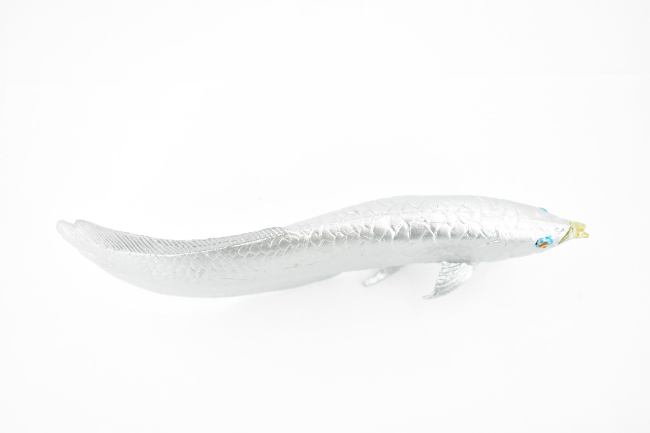 Arowana, Silver Dragon Fish, Asian Arowana, Rubber Fish, Hand Painted, Realistic Toy Figure, Model, Replica, Kids, Educational, Gift,     6 1/2""    CH285 BB126