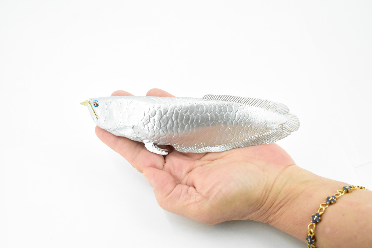 Arowana, Silver Dragon Fish, Asian Arowana, Rubber Fish, Hand Painted, Realistic Toy Figure, Model, Replica, Kids, Educational, Gift,     6 1/2""    CH285 BB126