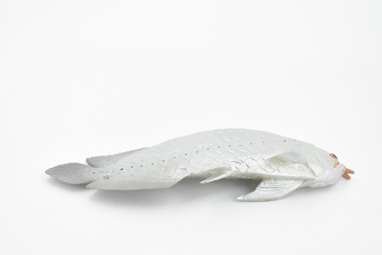 Arowana, Silver Dragon Fish, Asian Arowana, Rubber Fish, Hand Painted, Realistic Toy Figure, Model, Replica, Kids, Educational, Gift,     5"    CH334 BB133