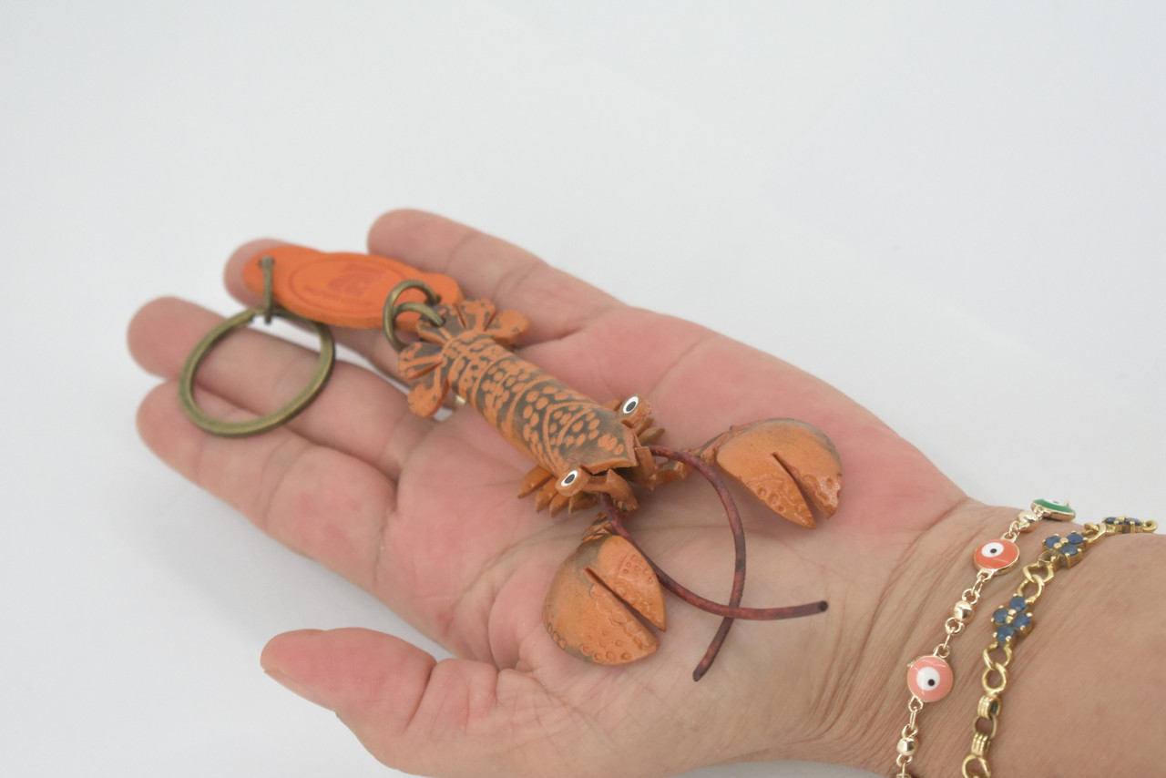 Lobster, Key Chain, Leather, Lobster, Marine Crustaceans, Brown, Hand Made, Keychain, Thailand, Key Fob, Keys, Lifelike Model, Gift,     3 1/2"     THL02 BB69