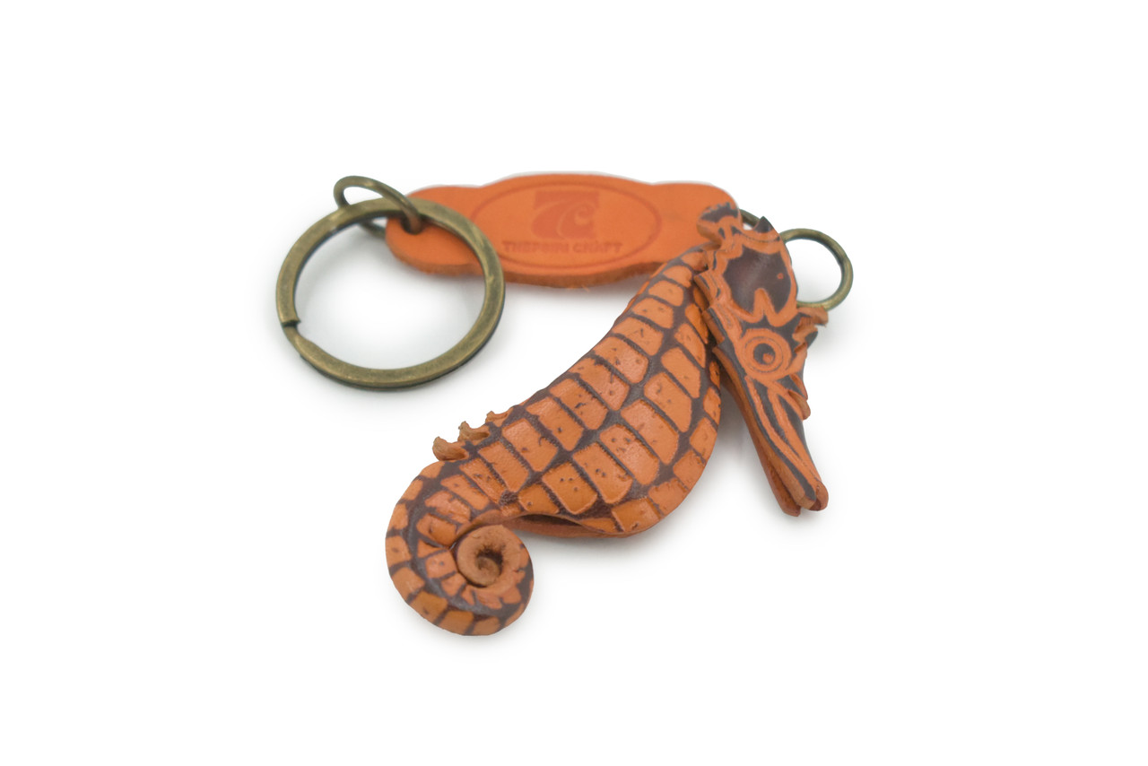 Sea Horse, Key Chain, Leather, Marine Fish, Hippocampus, Brown, Hand Made, Keychain, Thailand, Key Fob, Keys, Lifelike Model, Gift,     3"     THL04 BB69