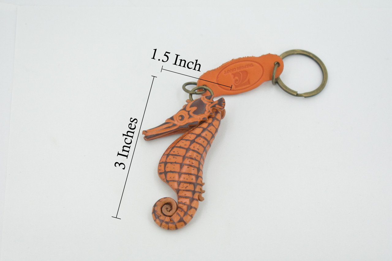 Sea Horse, Key Chain, Leather, Marine Fish, Hippocampus, Brown, Hand Made, Keychain, Thailand, Key Fob, Keys, Lifelike Model, Gift,     3"     THL04 BB69