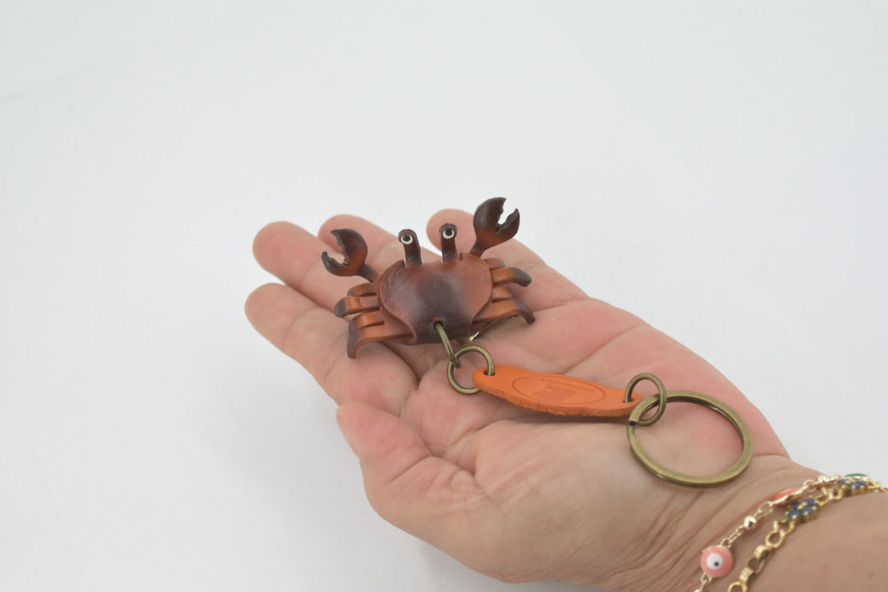 Crab, Key Chain, Leather, Marine Crustaceans, Brown, Hand Made, Keychain, Thailand, Key Fob, Keys, Lifelike Model, Gift,       2"      THL06 BB69