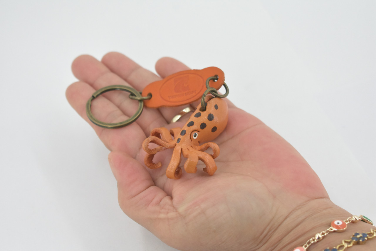 Octopus, Key Chain, Leather, Marine Mollusc, Octopoda, Octopi, Brown, Hand Made, Keychain, Thailand, Key Fob, Keys, Lifelike Model, Gift,       2"     THL07 BB69