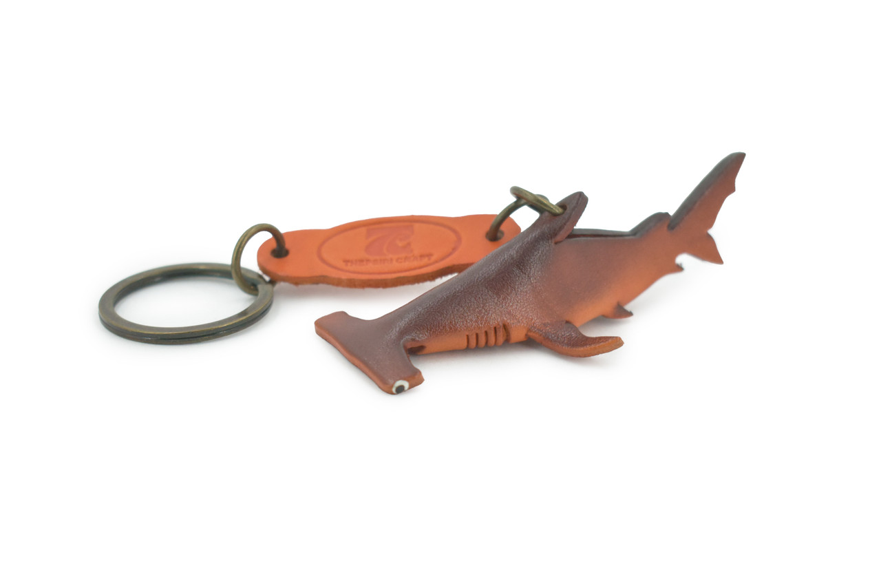 Shark, Key Chain, Leather, Hammerhead Shark, Fish, Hand Made In Thailand, Brown, Keychain, Key Fob, Keys, Lifelike Model,  3 1/2 Inches. 