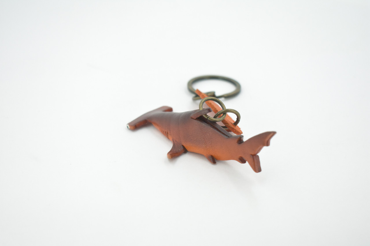 Shark, Key Chain, Leather, Hammerhead Shark, Fish, Brown, Hand Made, Keychain, Thailand, Key Fob, Keys, Lifelike Model, Gift,     3 1/2"     THL09 BB69 