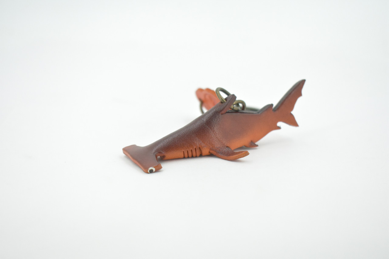 Shark, Key Chain, Leather, Hammerhead Shark, Fish, Brown, Hand Made, Keychain, Thailand, Key Fob, Keys, Lifelike Model, Gift,     3 1/2"     THL09 BB69 