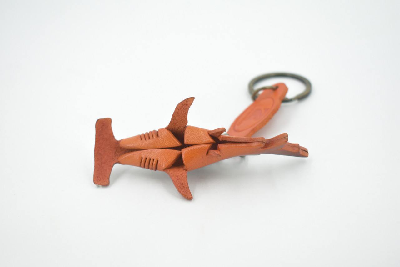 Shark, Key Chain, Leather, Hammerhead Shark, Fish, Brown, Hand Made, Keychain, Thailand, Key Fob, Keys, Lifelike Model, Gift,     3 1/2"     THL09 BB69 