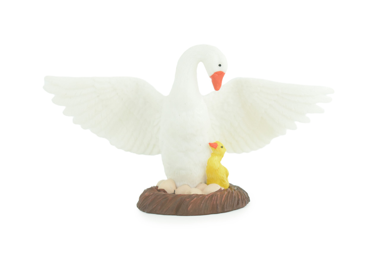 Swan with eggs, Hand Painted, Educational, High Quality Rubber Bird, Realistic, Diorama, Very Nice Design, Figure, Toys, Kids, Gift, 5 Inches. CH944 BB208