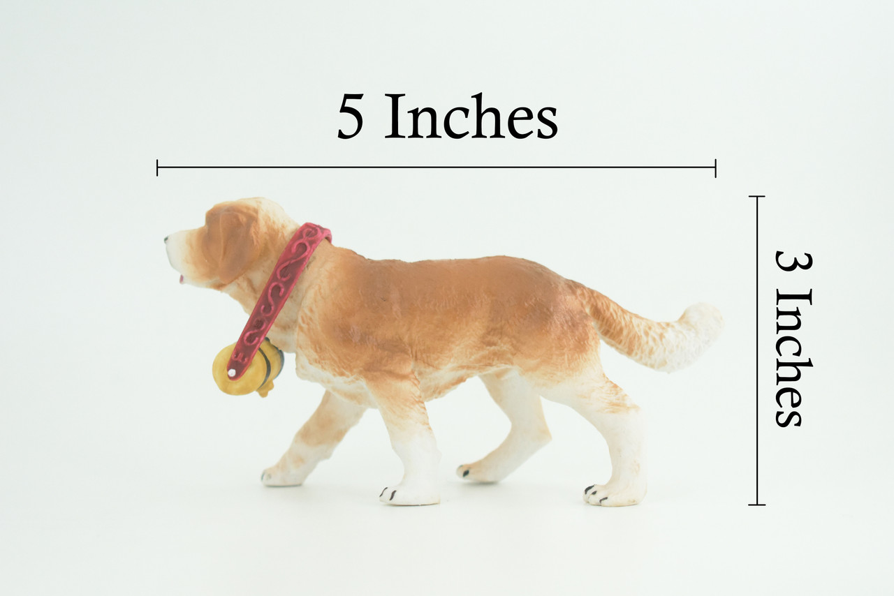 Saint Bernard Dog with Barrel, Hand Painted, Educational, Museum Quality, Rubber Canine, K9, Realistic, Diorama, Figure, Toys, Kids, Gift, 5 Inches. CH948 BB208
