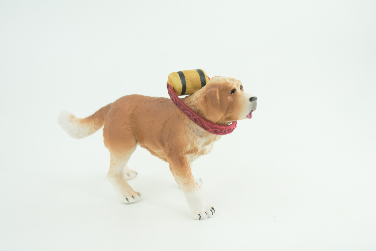 Saint Bernard Dog with Barrel, Hand Painted, Educational, Museum Quality, Rubber Canine, K9, Realistic, Diorama, Figure, Toys, Kids, Gift,  5 Inches.  CH948 BB208 