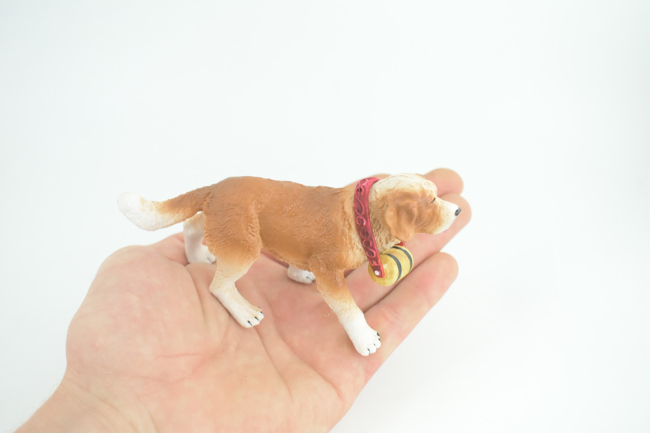 Saint Bernard Dog with Barrel, Hand Painted, Educational, Museum Quality, Rubber Canine, K9, Realistic, Diorama, Figure, Toys, Kids, Gift, 5 Inches. CH948 BB208