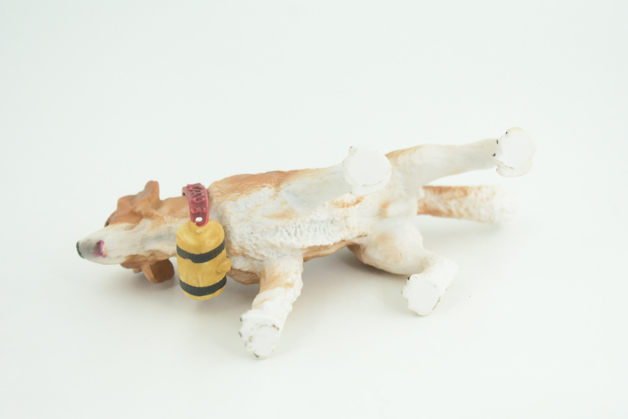 Saint Bernard Dog with Barrel, Hand Painted, Educational, Museum Quality, Rubber Canine, K9, Realistic, Diorama, Figure, Toys, Kids, Gift,  5 Inches.  CH948 BB208 