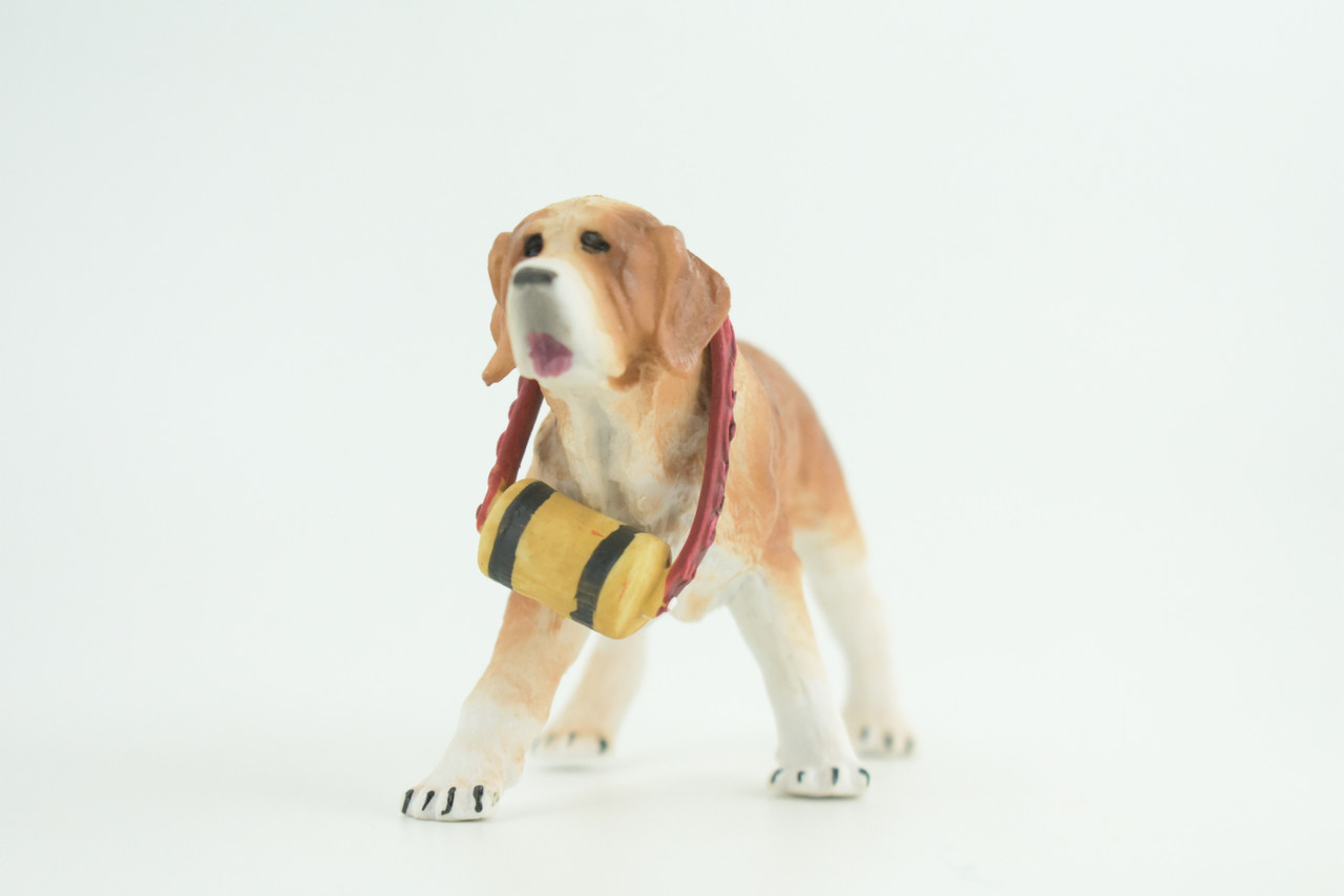 Saint Bernard Dog with Barrel, Hand Painted, Educational, Museum Quality, Rubber Canine, K9, Realistic, Diorama, Figure, Toys, Kids, Gift,  5 Inches.  CH948 BB208 