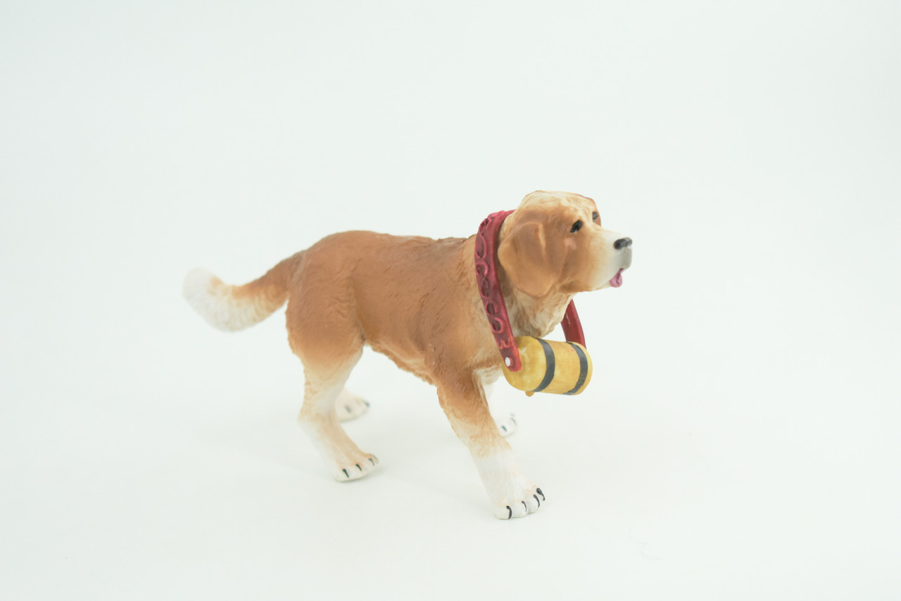 Saint Bernard Dog with Barrel, Hand Painted, Educational, Museum Quality, Rubber Canine, K9, Realistic, Diorama, Figure, Toys, Kids, Gift,  5 Inches.  CH948 BB208 