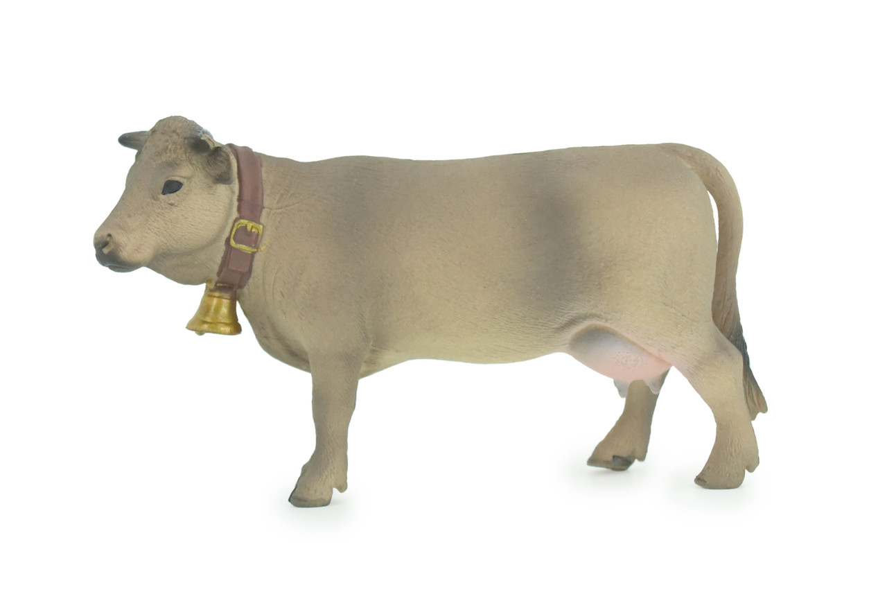 Brown Swiss Cow with Bell, Museum Quality, Educational, Hand Painted, Rubber Animal, Realistic, Diorama, Very Nice Design, Toy, Kids, Gift, 5 Inches. CH963 BB210