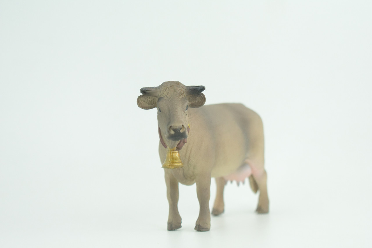 Brown Swiss Cow with Bell, Museum Quality, Educational, Hand Painted, Rubber Animal, Realistic, Diorama, Very Nice Design, Toy, Kids, Gift,  5  Inches.  CH963 BB210  