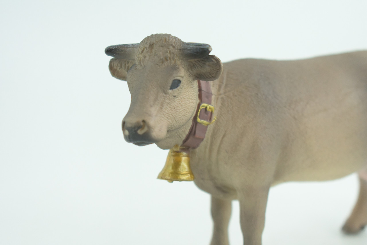 Brown Swiss Cow with Bell, Museum Quality, Educational, Hand Painted, Rubber Animal, Realistic, Diorama, Very Nice Design, Toy, Kids, Gift,  5  Inches.  CH963 BB210  